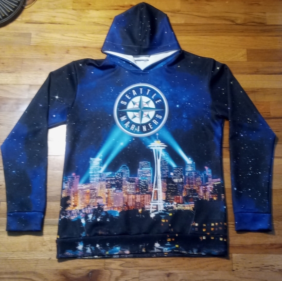 rare Seattle Mariners Baseball Night Cityscape Hoodie Seahawks Kraken - Picture 1 of 8